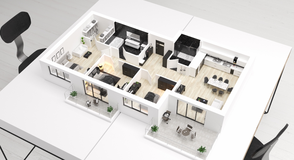 Modélisation 3D détaillée montrant le plan intérieur d'une habitation.