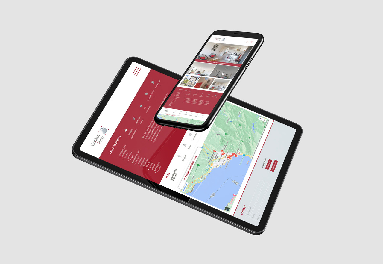 Tablette et smartphone affichant une page vitrine conçue par Capture Immo.