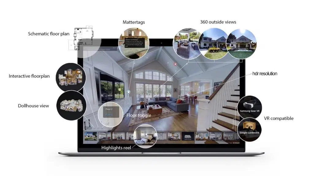 Images montrant un tags Matterport affiché sur un écran d'ordinateur. Pour de la pub immobilière et visite 3 immobilières