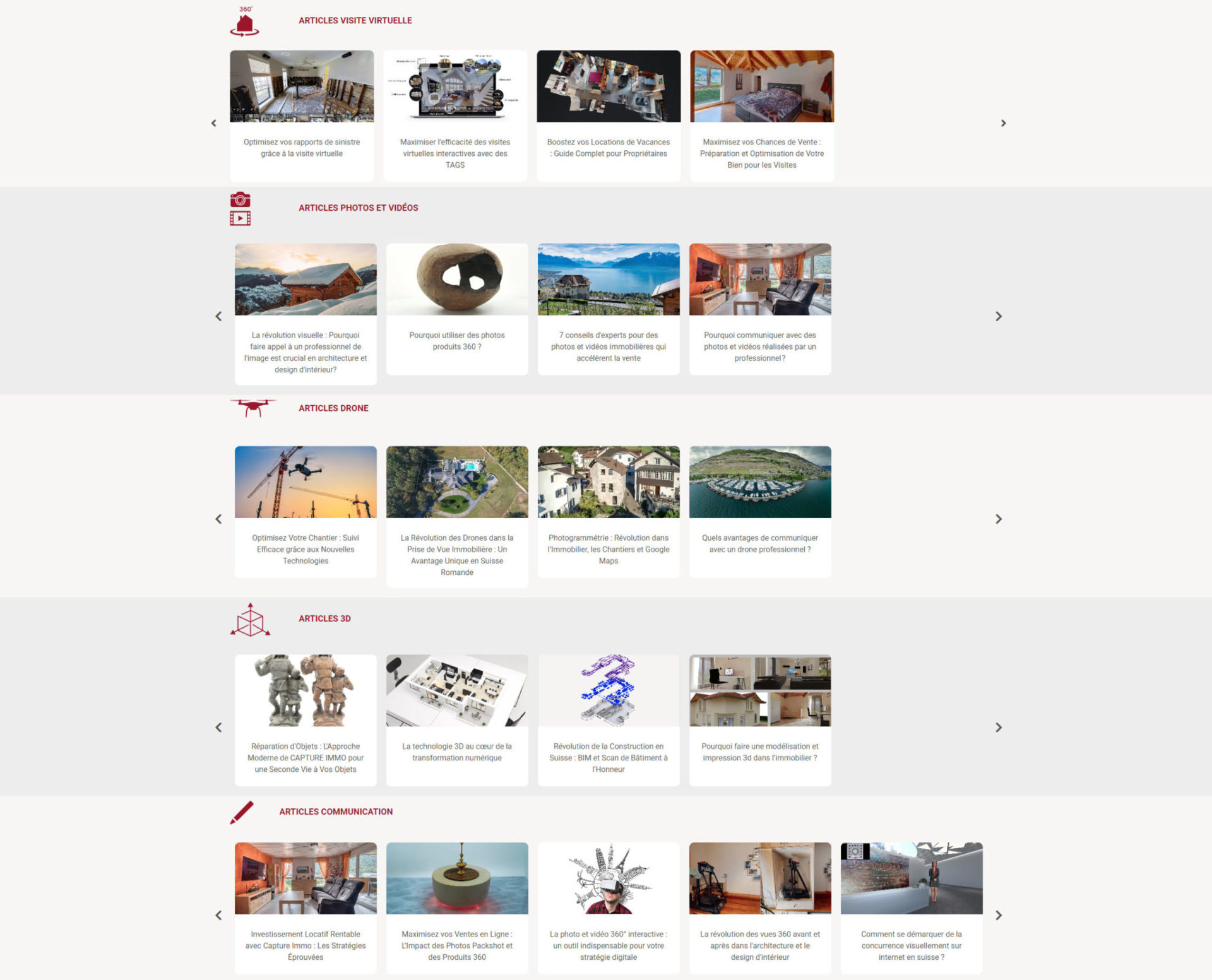 Capture d'écran d'une page de blog sur la capture immobilière, montrant des articles et des conseils sur la photographie immobilière et les visites virtuelles.