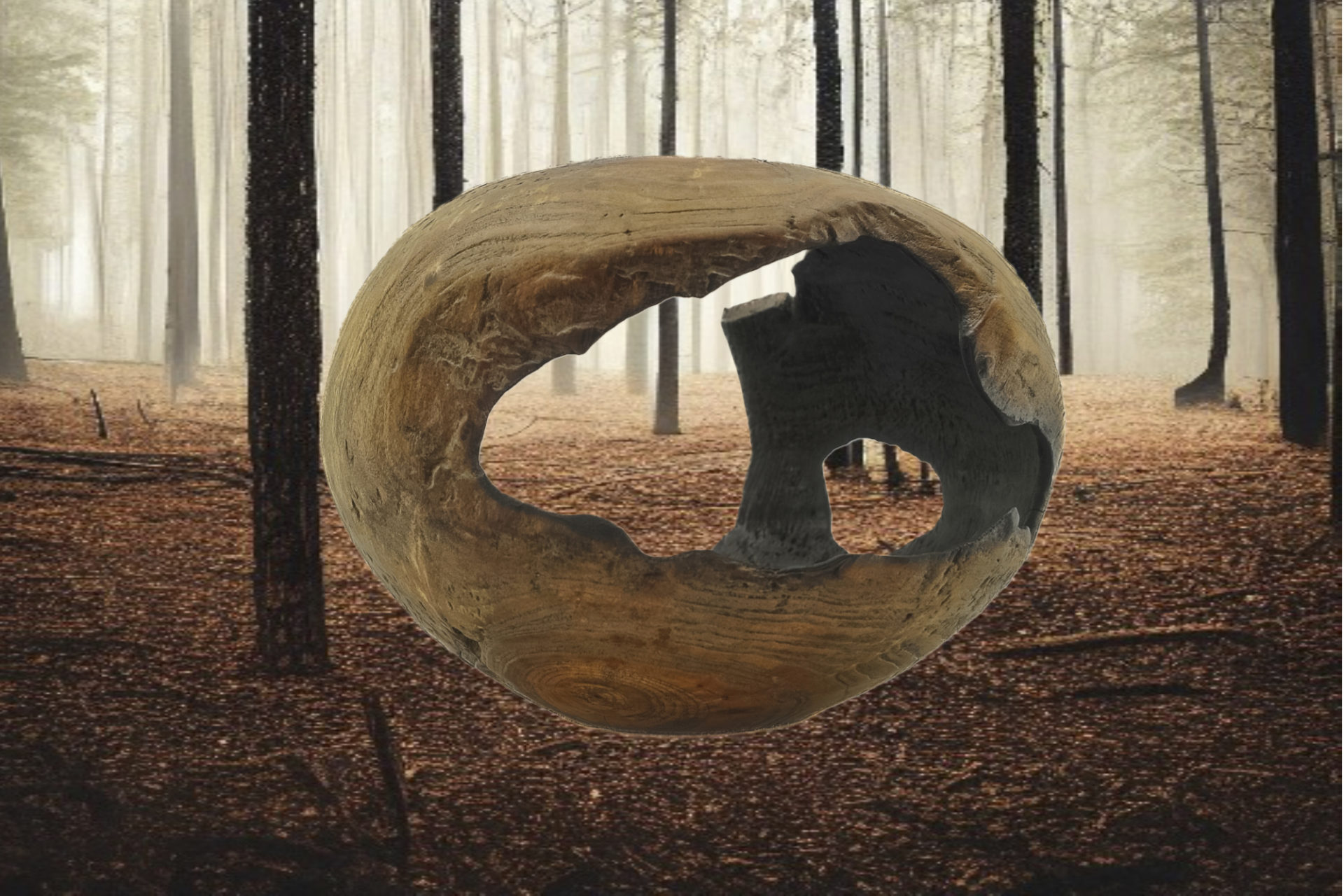 Photo packshot d'une sphère en bois brûlé, située au cœur d'une forêt également touchée par le feu, capturant une atmosphère intense et contemplative.
