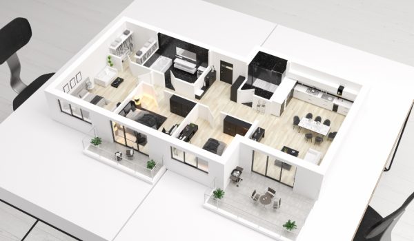 Modélisation 3D détaillée montrant le plan intérieur d'une habitation.