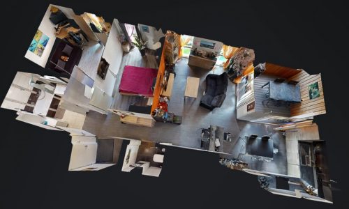 Vue du dessus d'un appartement en style "maison de poupée" réalisée avec la technologie Matterport par Capture Immo.