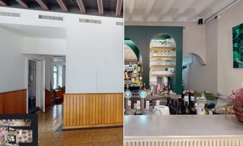 Image montrant le contraste frappant entre le bar avant et après les travaux de rénovation, illustrant une métamorphose impressionnante.