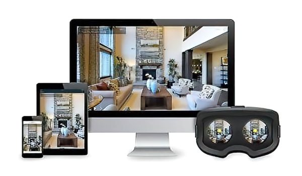 Visite virtuelle affichée sur différents appareils : lunettes VR, smartphone, iPad et ordinateur.
