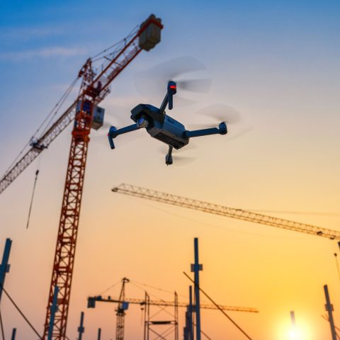 Images aériennes capturées par drone montrant un coucher de soleil avec une grue de construction en silhouette.