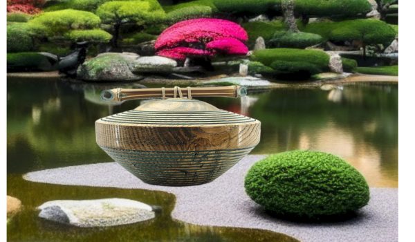 Photo packshot d'un cadre captivant avec un petit lac et un arbuste japonais, évoquant la tranquillité et la beauté naturelle.