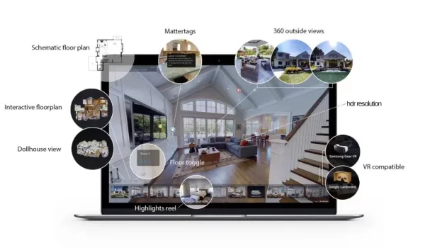 Images montrant un tags Matterport affiché sur un écran d'ordinateur. Pour de la pub immobilière et visite 3 immobilières