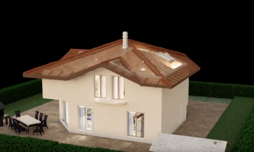 Modélisation 3D du côté d'une maison présentant une terrasse équipée d'un barbecue, réalisée par Capture Immo.
