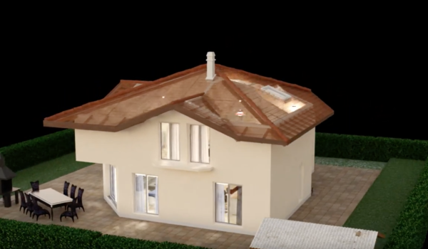 Modélisation 3D du côté d'une maison présentant une terrasse équipée d'un barbecue, réalisée par Capture Immo.